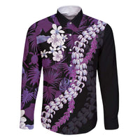 Poni Aloha Hawaii Lei Family Matching Off Shoulder Maxi Dress and Hawaiian Shirt Tropical Flowers Elegant Vibe LT14 Dad's Shirt - Long Sleeve Purple - Polynesian Pride