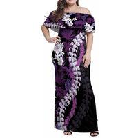 Poni Aloha Hawaii Lei Family Matching Off Shoulder Maxi Dress and Hawaiian Shirt Tropical Flowers Elegant Vibe LT14 Mom's Dress Purple - Polynesian Pride