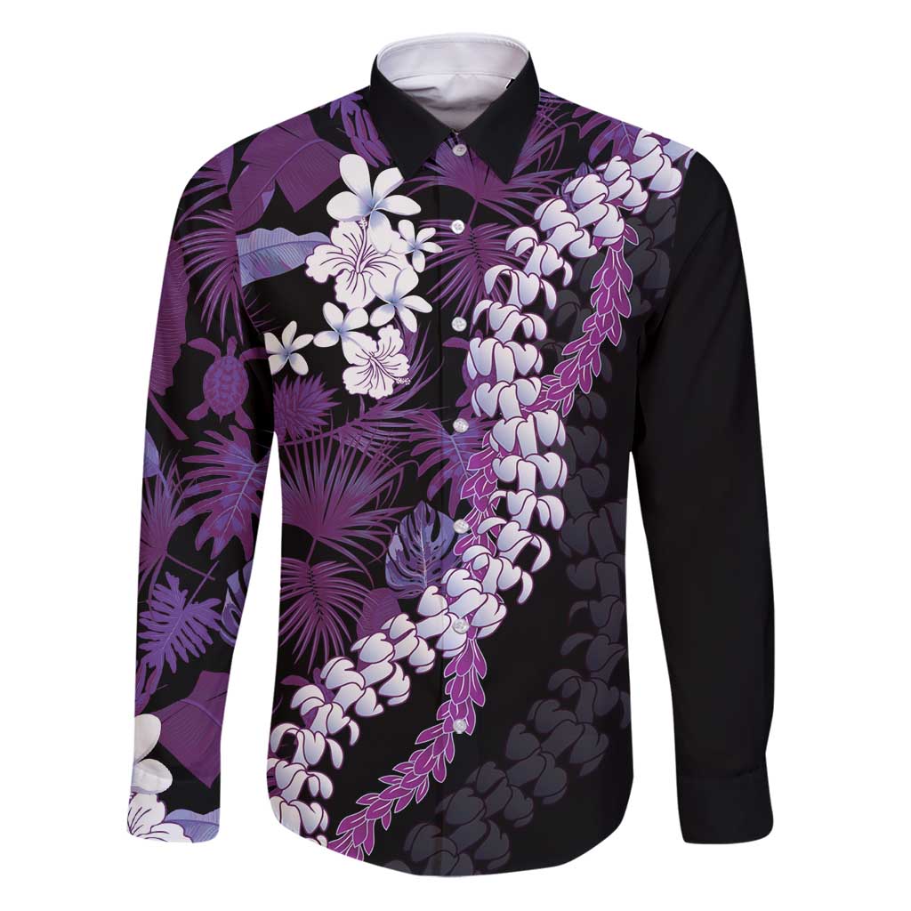 Poni Aloha Hawaii Lei Family Matching Puletasi and Hawaiian Shirt Tropical Flowers Elegant Vibe LT14 Dad's Shirt - Long Sleeve Purple - Polynesian Pride