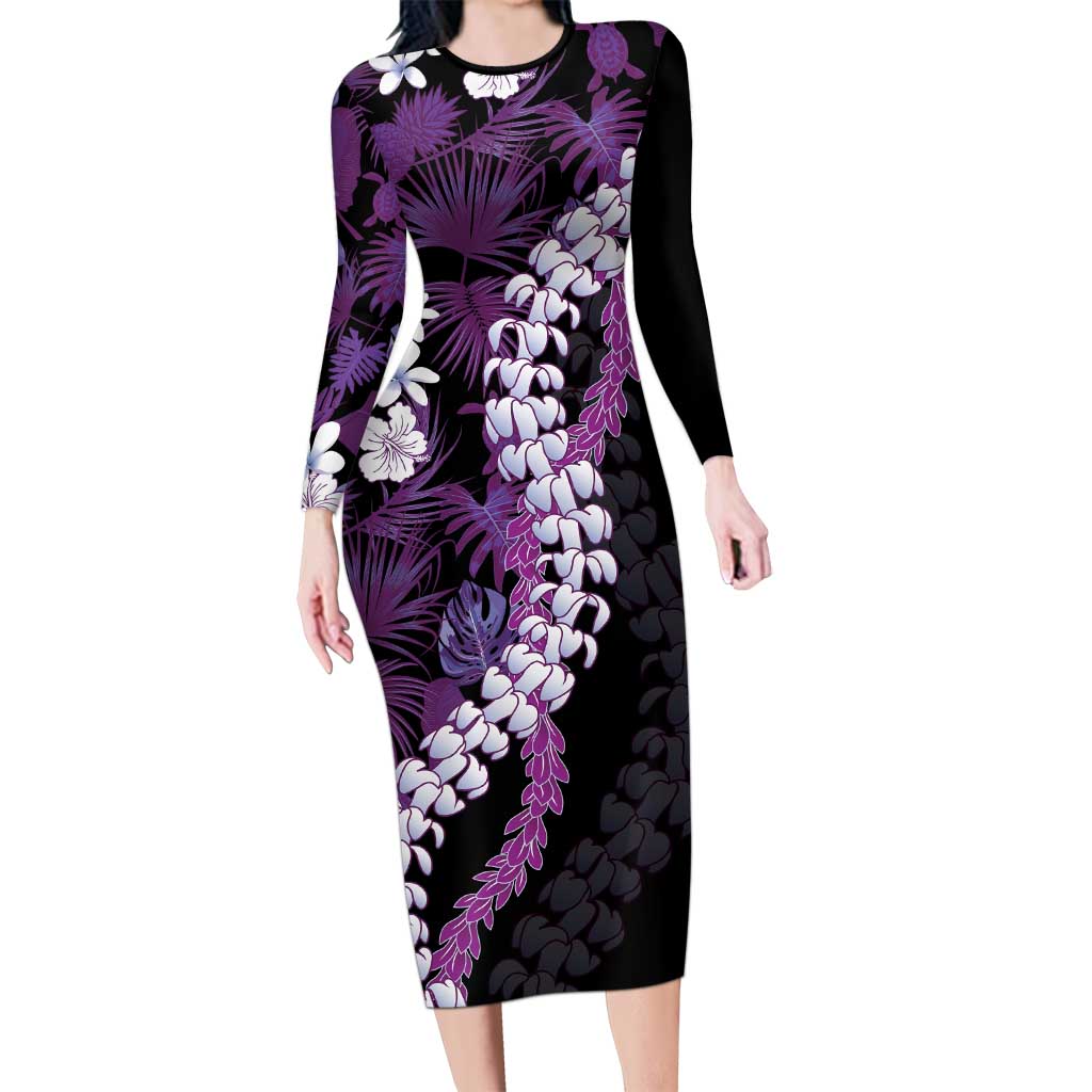 Poni Aloha Hawaii Lei Long Sleeve Bodycon Dress Tropical Flowers Elegant Vibe - Polynesian Pride