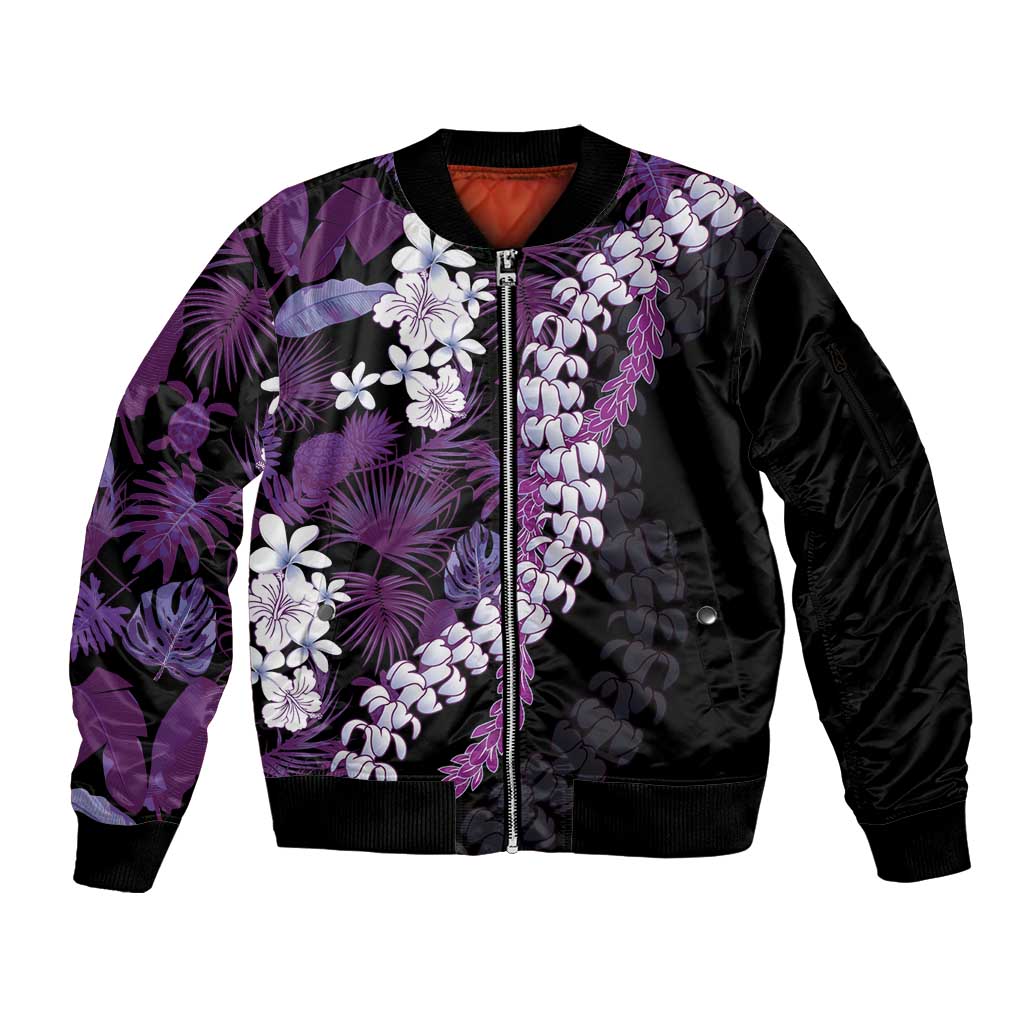 Poni Aloha Hawaii Lei Sleeve Zip Bomber Jacket Tropical Flowers Elegant Vibe LT14 Unisex Purple - Polynesian Pride