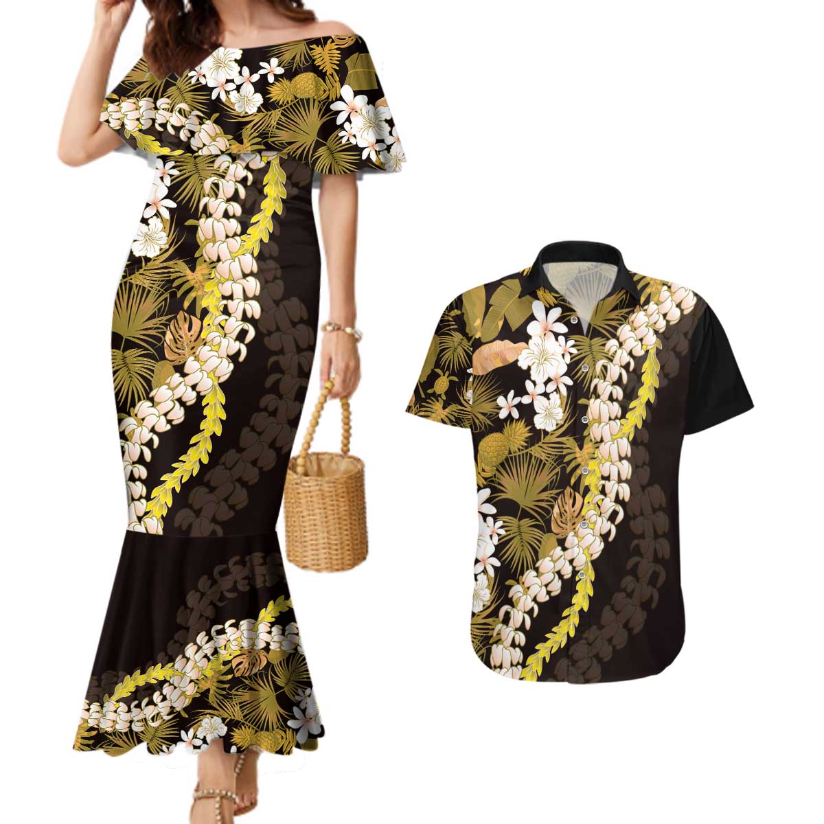 Kula Aloha Hawaii Lei Couples Matching Mermaid Dress and Hawaiian Shirt Tropical Flowers Elegant Vibe LT14 Gold - Polynesian Pride