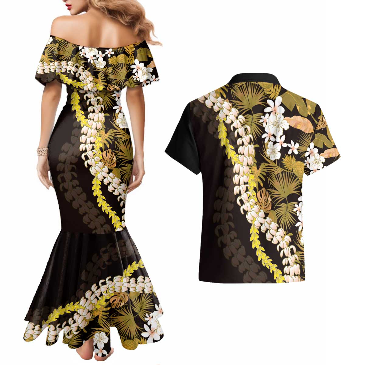 Kula Aloha Hawaii Lei Couples Matching Mermaid Dress and Hawaiian Shirt Tropical Flowers Elegant Vibe LT14 - Polynesian Pride