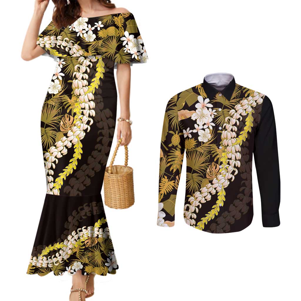 Kula Aloha Hawaii Lei Couples Matching Mermaid Dress and Long Sleeve Button Shirt Tropical Flowers Elegant Vibe LT14 Gold - Polynesian Pride