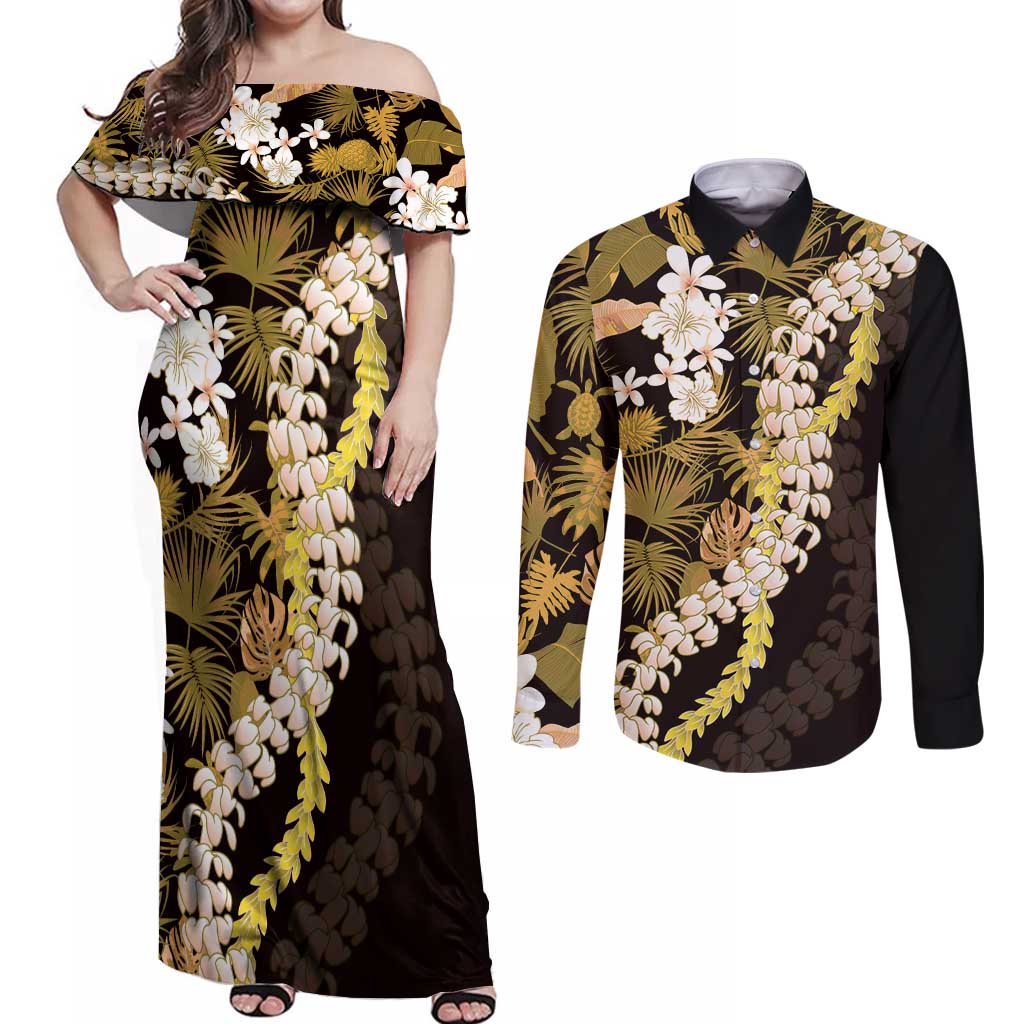 Kula Aloha Hawaii Lei Couples Matching Off Shoulder Maxi Dress and Long Sleeve Button Shirt Tropical Flowers Elegant Vibe LT14 Gold - Polynesian Pride