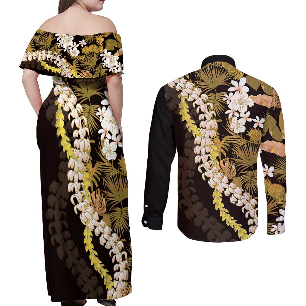 Kula Aloha Hawaii Lei Couples Matching Off Shoulder Maxi Dress and Long Sleeve Button Shirt Tropical Flowers Elegant Vibe LT14 - Polynesian Pride