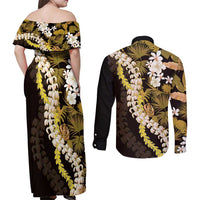 Kula Aloha Hawaii Lei Couples Matching Off Shoulder Maxi Dress and Long Sleeve Button Shirt Tropical Flowers Elegant Vibe LT14 - Polynesian Pride