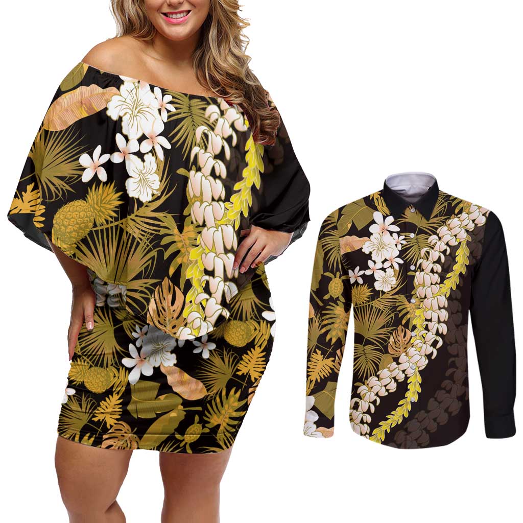 Kula Aloha Hawaii Lei Couples Matching Off Shoulder Short Dress and Long Sleeve Button Shirt Tropical Flowers Elegant Vibe LT14 Gold - Polynesian Pride