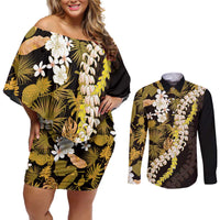 Kula Aloha Hawaii Lei Couples Matching Off Shoulder Short Dress and Long Sleeve Button Shirt Tropical Flowers Elegant Vibe LT14 Gold - Polynesian Pride
