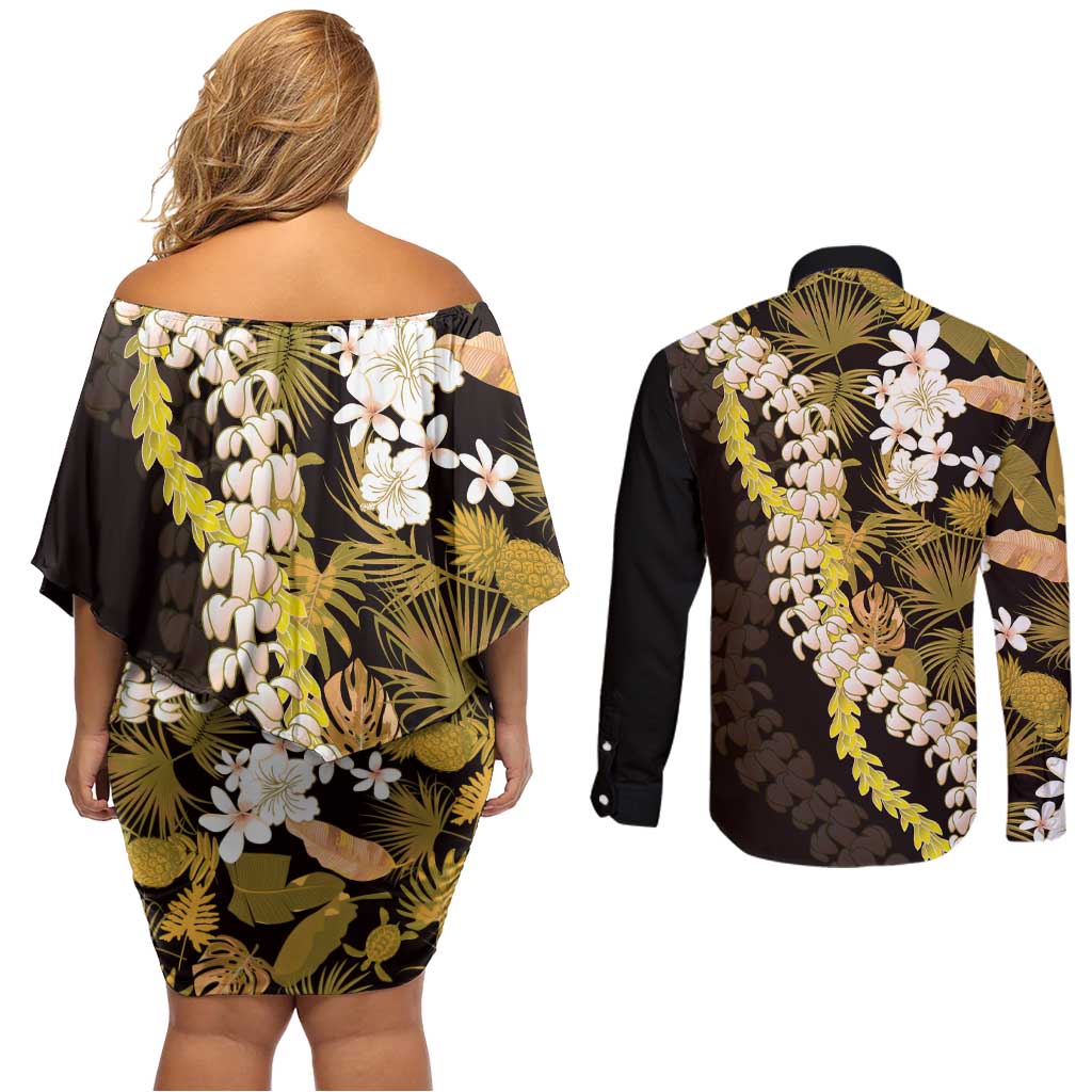 Kula Aloha Hawaii Lei Couples Matching Off Shoulder Short Dress and Long Sleeve Button Shirt Tropical Flowers Elegant Vibe LT14 - Polynesian Pride