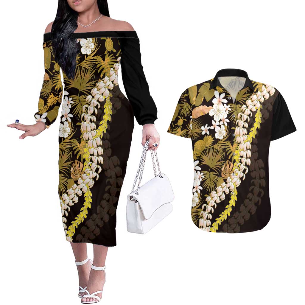Kula Aloha Hawaii Lei Couples Matching Off The Shoulder Long Sleeve Dress and Hawaiian Shirt Tropical Flowers Elegant Vibe - Polynesian Pride