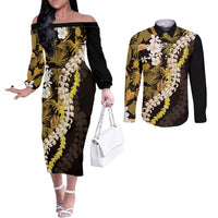 Kula Aloha Hawaii Lei Couples Matching Off The Shoulder Long Sleeve Dress and Long Sleeve Button Shirt Tropical Flowers Elegant Vibe LT14 Gold - Polynesian Pride