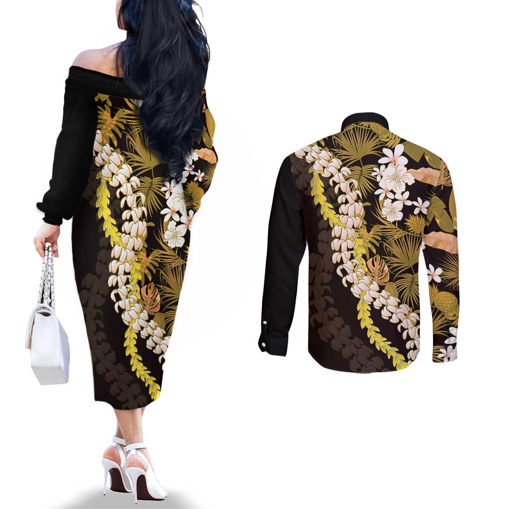 Kula Aloha Hawaii Lei Couples Matching Off The Shoulder Long Sleeve Dress and Long Sleeve Button Shirt Tropical Flowers Elegant Vibe LT14 - Polynesian Pride