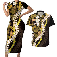 Kula Aloha Hawaii Lei Couples Matching Short Sleeve Bodycon Dress and Hawaiian Shirt Tropical Flowers Elegant Vibe LT14 Gold - Polynesian Pride