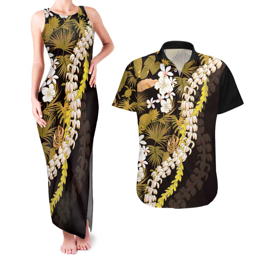 Kula Aloha Hawaii Lei Couples Matching Tank Maxi Dress and Hawaiian Shirt Tropical Flowers Elegant Vibe LT14 Gold - Polynesian Pride
