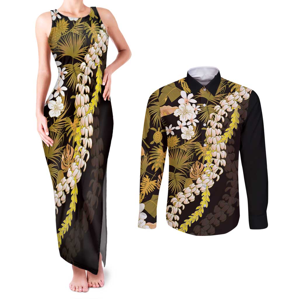 Kula Aloha Hawaii Lei Couples Matching Tank Maxi Dress and Long Sleeve Button Shirt Tropical Flowers Elegant Vibe LT14 Gold - Polynesian Pride