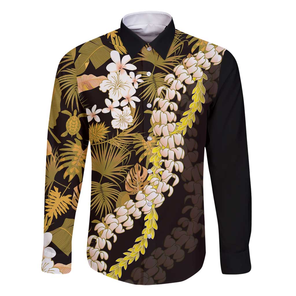 Kula Aloha Hawaii Lei Family Matching Off Shoulder Short Dress and Hawaiian Shirt Tropical Flowers Elegant Vibe LT14 Dad's Shirt - Long Sleeve Gold - Polynesian Pride