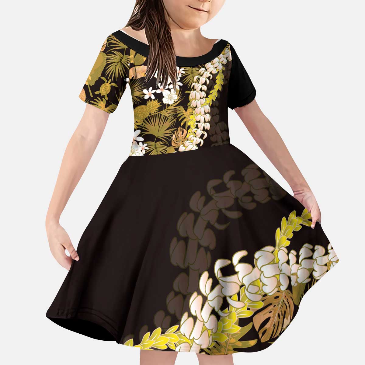 Kula Aloha Hawaii Lei Kid Short Sleeve Dress Tropical Flowers Elegant Vibe LT14 KID Gold - Polynesian Pride