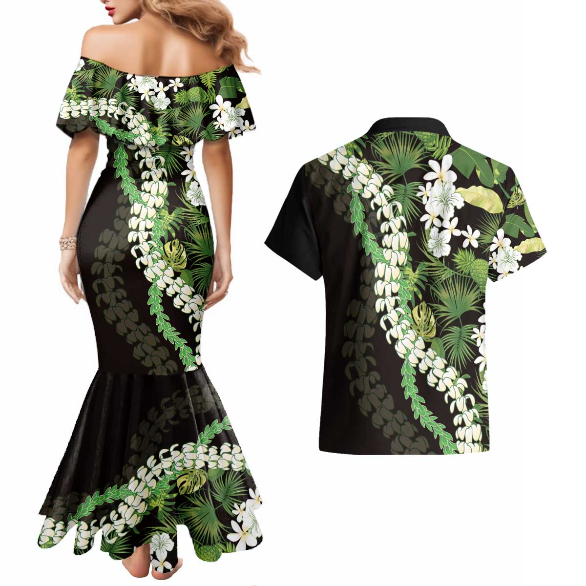 Omaomao Aloha Hawaii Lei Couples Matching Mermaid Dress and Hawaiian Shirt Tropical Flowers Elegant Vibe LT14 - Polynesian Pride