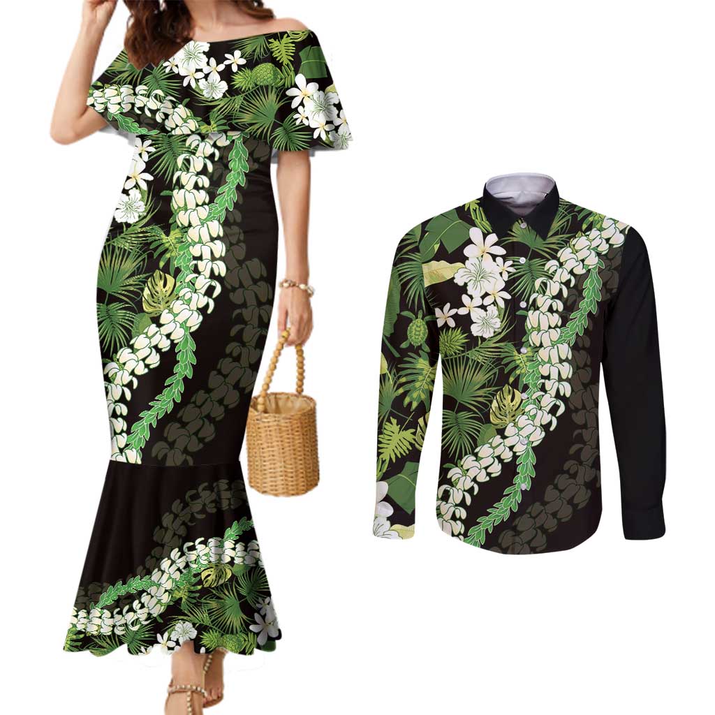 Omaomao Aloha Hawaii Lei Couples Matching Mermaid Dress and Long Sleeve Button Shirt Tropical Flowers Elegant Vibe LT14 Green - Polynesian Pride