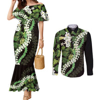 Omaomao Aloha Hawaii Lei Couples Matching Mermaid Dress and Long Sleeve Button Shirt Tropical Flowers Elegant Vibe LT14 Green - Polynesian Pride