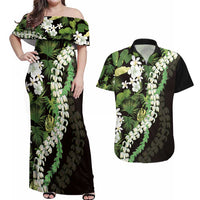 Omaomao Aloha Hawaii Lei Couples Matching Off Shoulder Maxi Dress and Hawaiian Shirt Tropical Flowers Elegant Vibe LT14 Green - Polynesian Pride