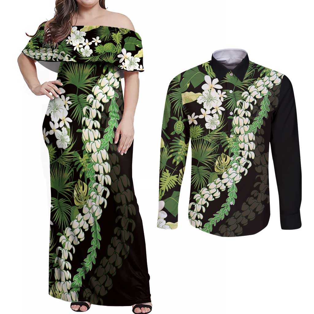 Omaomao Aloha Hawaii Lei Couples Matching Off Shoulder Maxi Dress and Long Sleeve Button Shirt Tropical Flowers Elegant Vibe LT14 Green - Polynesian Pride