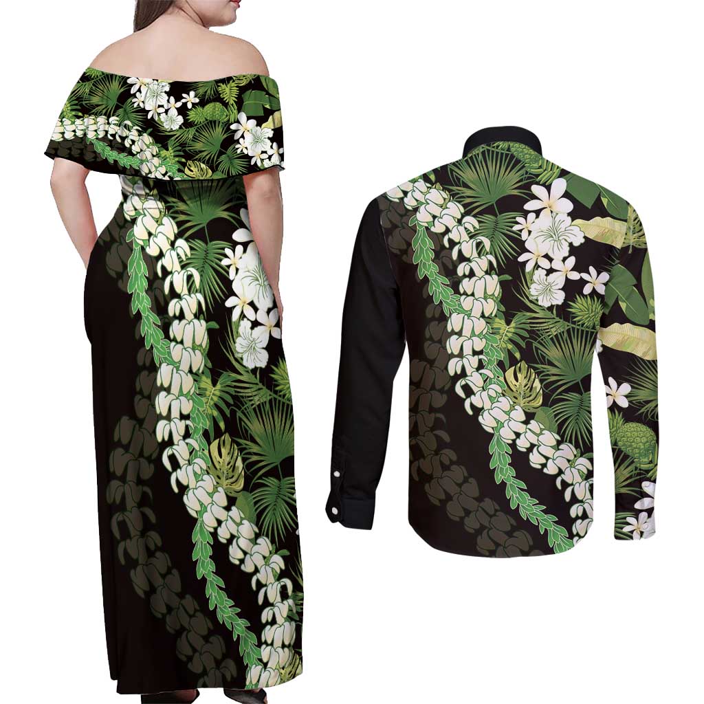 Omaomao Aloha Hawaii Lei Couples Matching Off Shoulder Maxi Dress and Long Sleeve Button Shirt Tropical Flowers Elegant Vibe LT14 - Polynesian Pride