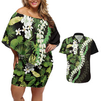 Omaomao Aloha Hawaii Lei Couples Matching Off Shoulder Short Dress and Hawaiian Shirt Tropical Flowers Elegant Vibe LT14 Green - Polynesian Pride