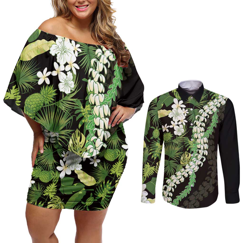 Omaomao Aloha Hawaii Lei Couples Matching Off Shoulder Short Dress and Long Sleeve Button Shirt Tropical Flowers Elegant Vibe LT14 Green - Polynesian Pride