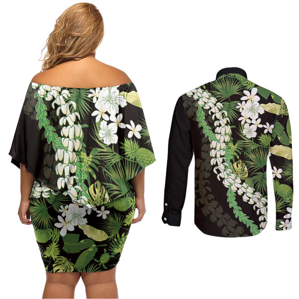Omaomao Aloha Hawaii Lei Couples Matching Off Shoulder Short Dress and Long Sleeve Button Shirt Tropical Flowers Elegant Vibe LT14 - Polynesian Pride
