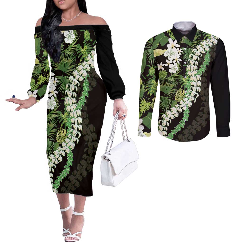 Omaomao Aloha Hawaii Lei Couples Matching Off The Shoulder Long Sleeve Dress and Long Sleeve Button Shirt Tropical Flowers Elegant Vibe LT14 Green - Polynesian Pride