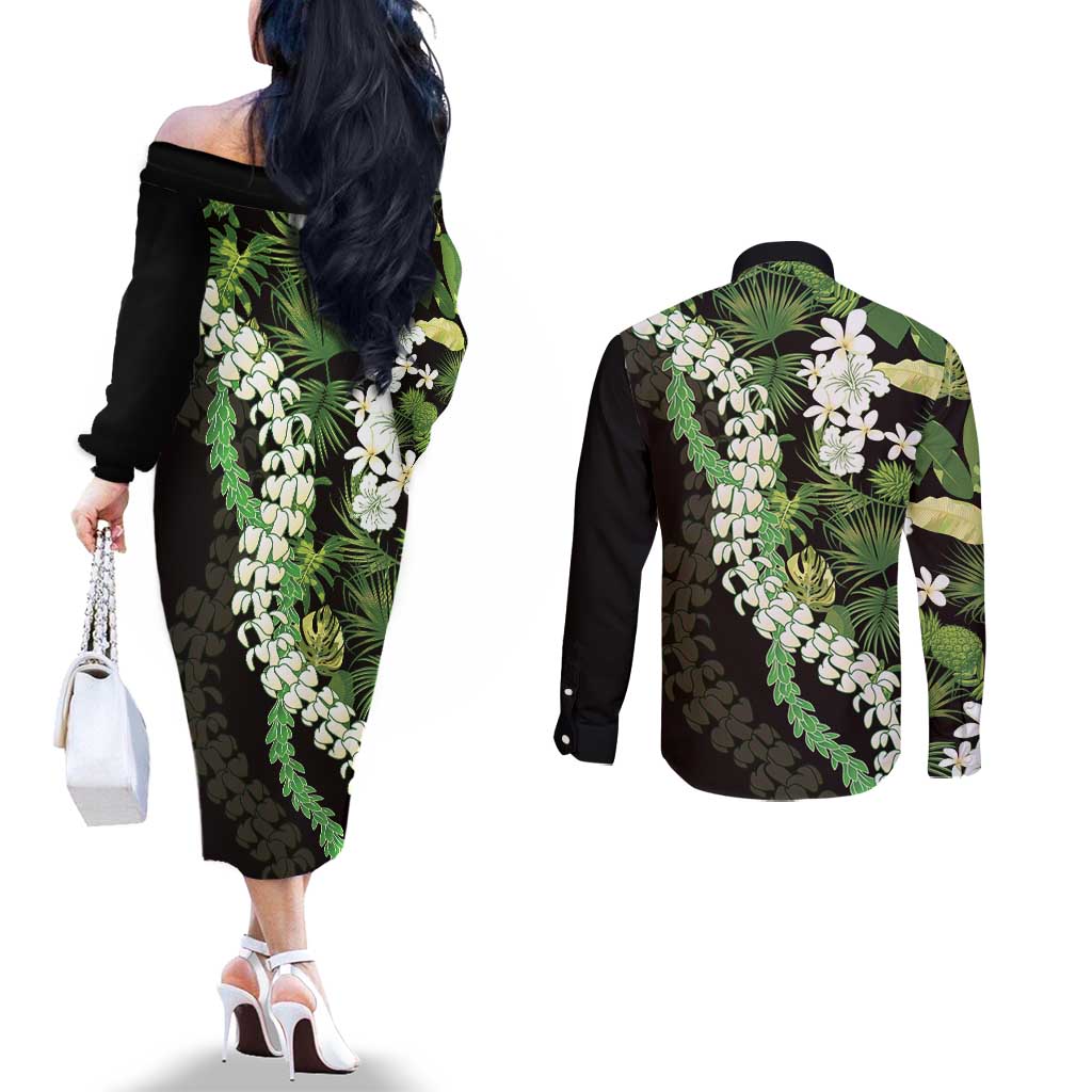 Omaomao Aloha Hawaii Lei Couples Matching Off The Shoulder Long Sleeve Dress and Long Sleeve Button Shirt Tropical Flowers Elegant Vibe LT14 - Polynesian Pride