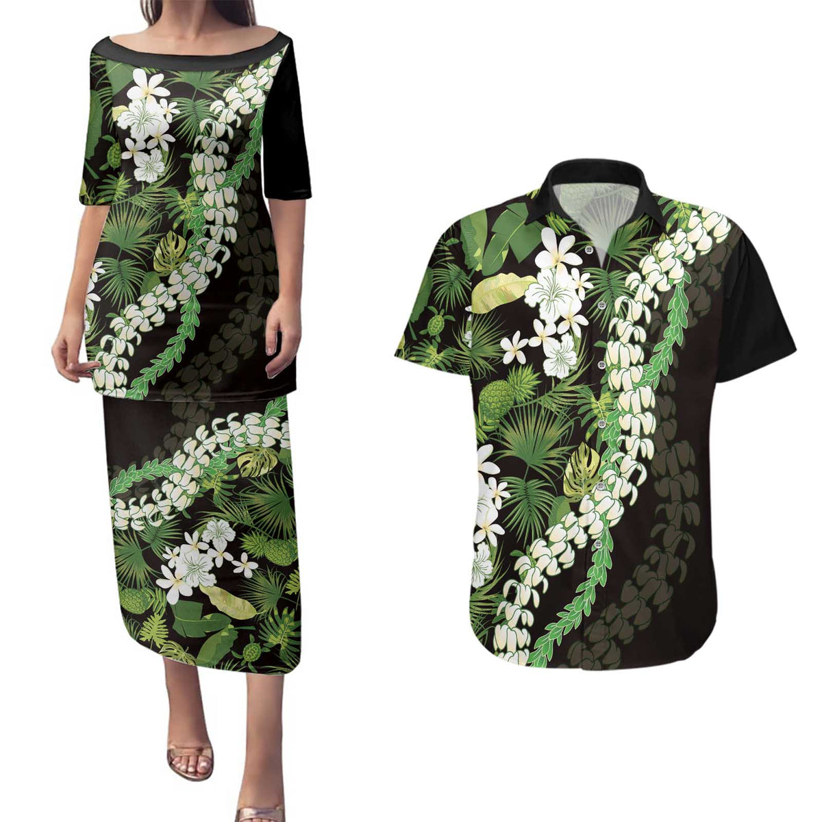 Omaomao Aloha Hawaii Lei Couples Matching Puletasi and Hawaiian Shirt Tropical Flowers Elegant Vibe LT14 Green - Polynesian Pride
