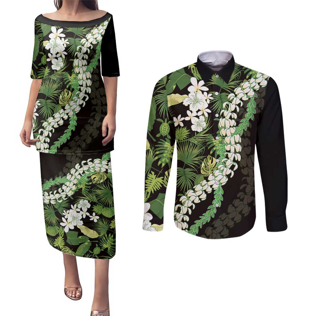 Omaomao Aloha Hawaii Lei Couples Matching Puletasi and Long Sleeve Button Shirt Tropical Flowers Elegant Vibe LT14 Green - Polynesian Pride