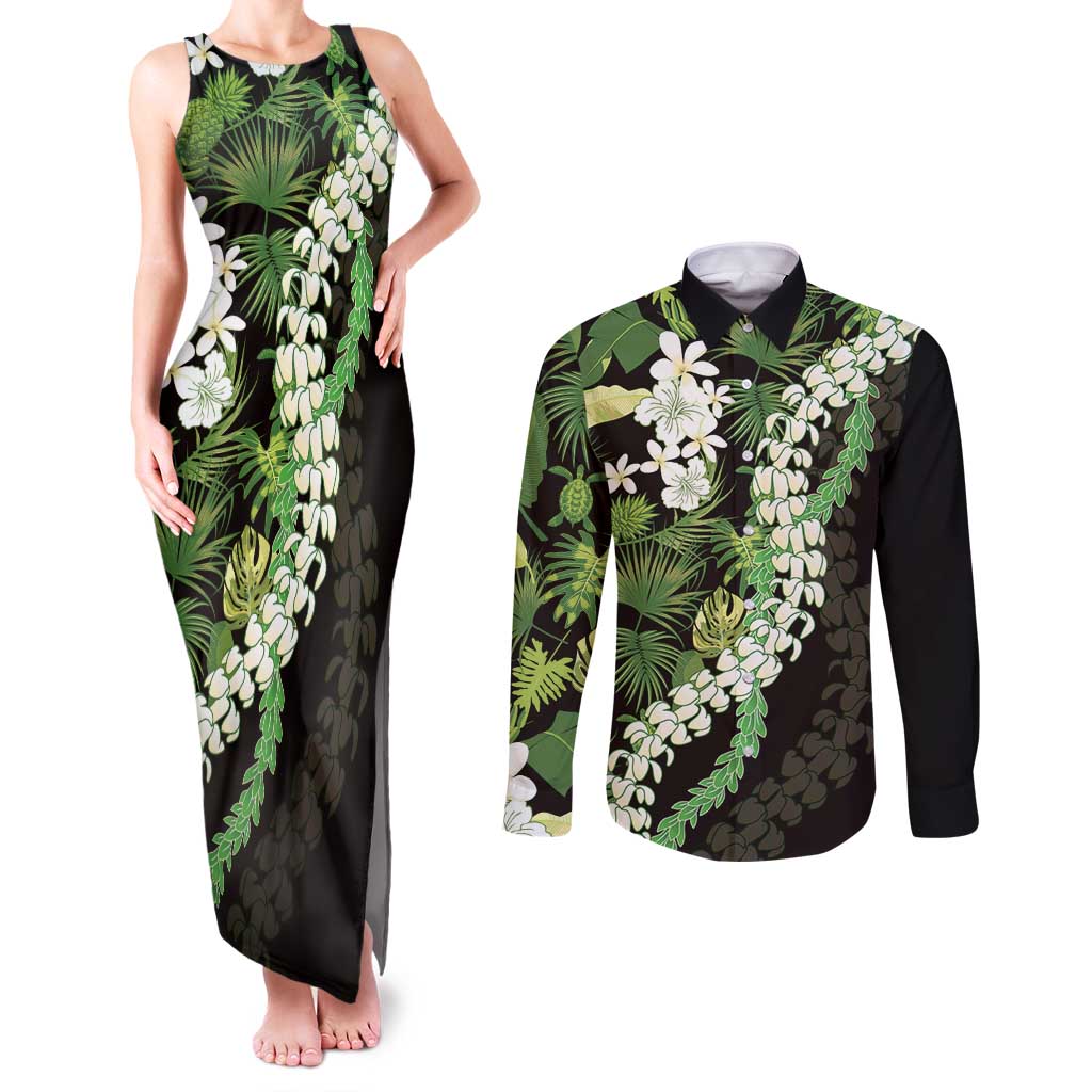 Omaomao Aloha Hawaii Lei Couples Matching Tank Maxi Dress and Long Sleeve Button Shirt Tropical Flowers Elegant Vibe LT14 Green - Polynesian Pride