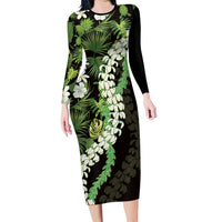 Omaomao Aloha Hawaii Lei Family Matching Long Sleeve Bodycon Dress and Hawaiian Shirt Tropical Flowers Elegant Vibe LT14 Mom's Dress Green - Polynesian Pride