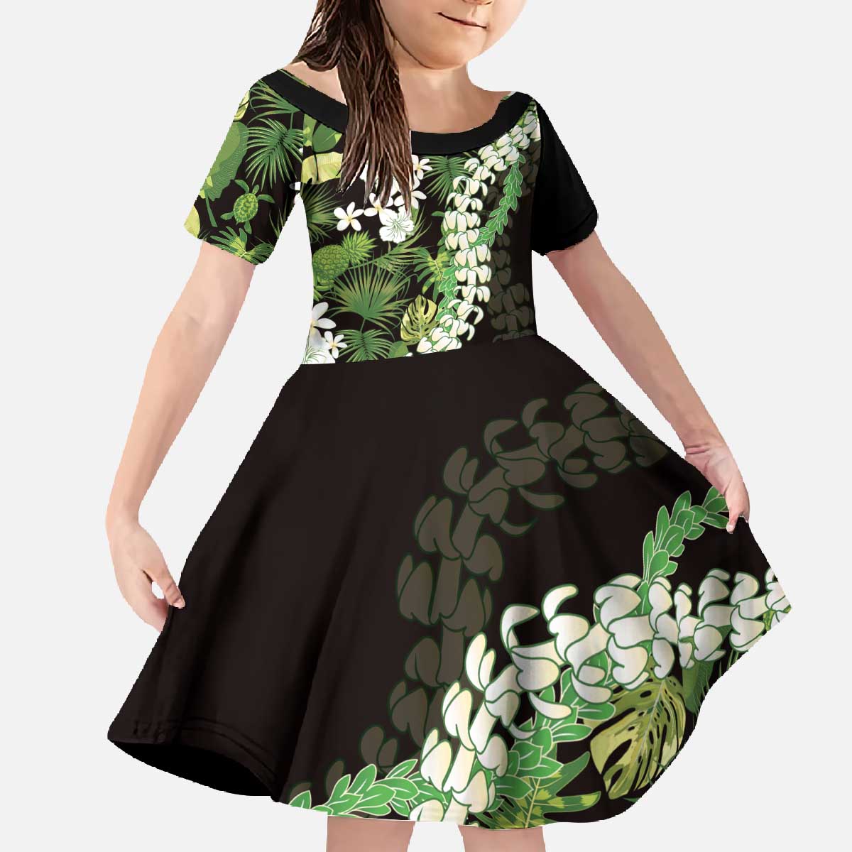 Omaomao Aloha Hawaii Lei Family Matching Off The Shoulder Long Sleeve Dress and Hawaiian Shirt Tropical Flowers Elegant Vibe LT14 Daughter's Dress Green - Polynesian Pride