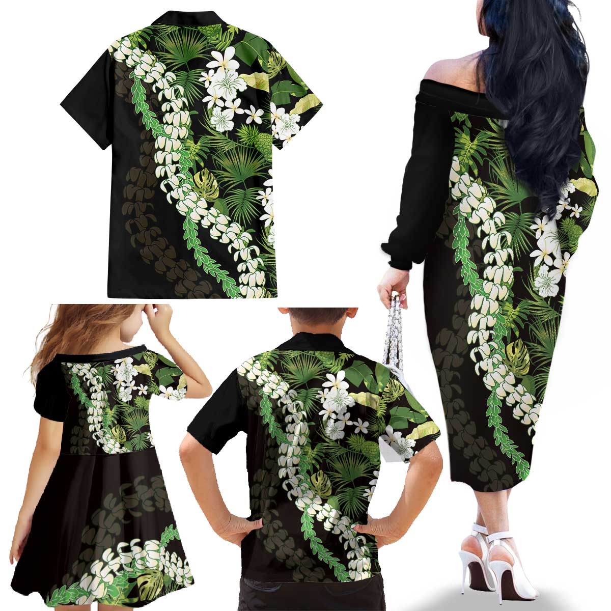 Omaomao Aloha Hawaii Lei Family Matching Off The Shoulder Long Sleeve Dress and Hawaiian Shirt Tropical Flowers Elegant Vibe LT14 - Polynesian Pride