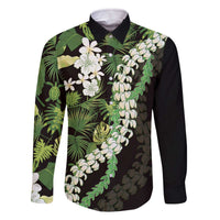 Omaomao Aloha Hawaii Lei Family Matching Off The Shoulder Long Sleeve Dress and Hawaiian Shirt Tropical Flowers Elegant Vibe LT14 Dad's Shirt - Long Sleeve Green - Polynesian Pride