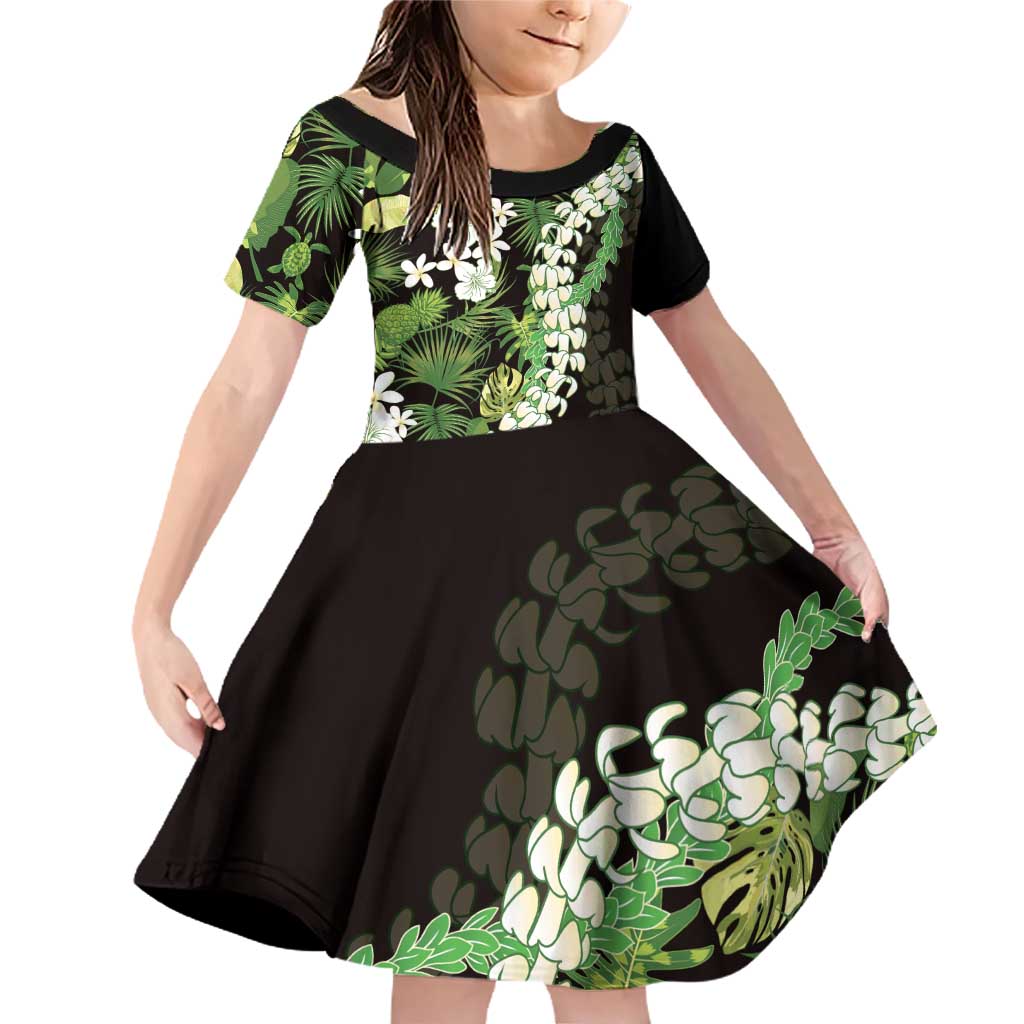 Omaomao Aloha Hawaii Lei Family Matching Off Shoulder Short Dress and Hawaiian Shirt Tropical Flowers Elegant Vibe LT14 Daughter's Dress Green - Polynesian Pride