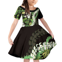 Omaomao Aloha Hawaii Lei Family Matching Off Shoulder Short Dress and Hawaiian Shirt Tropical Flowers Elegant Vibe LT14 Daughter's Dress Green - Polynesian Pride