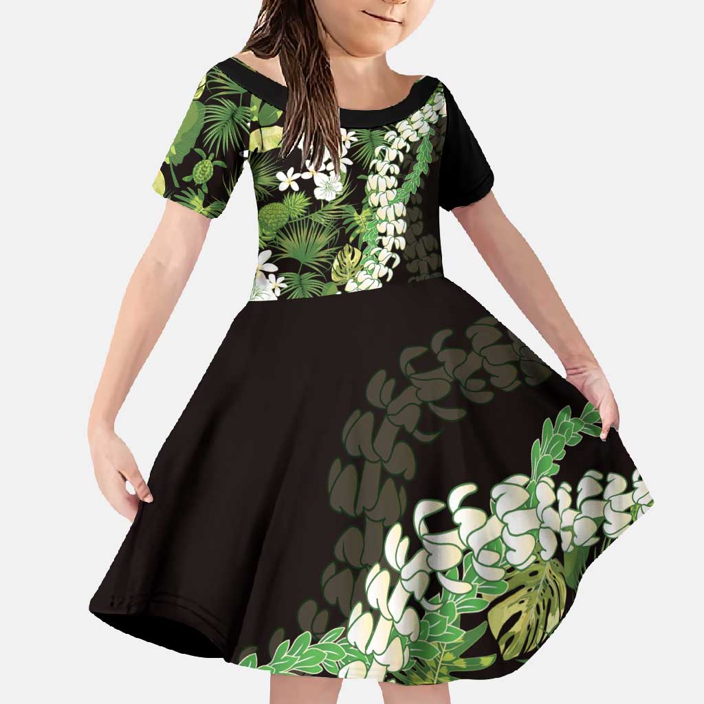 Omaomao Aloha Hawaii Lei Family Matching Short Sleeve Bodycon Dress and Hawaiian Shirt Tropical Flowers Elegant Vibe LT14 Daughter's Dress Green - Polynesian Pride