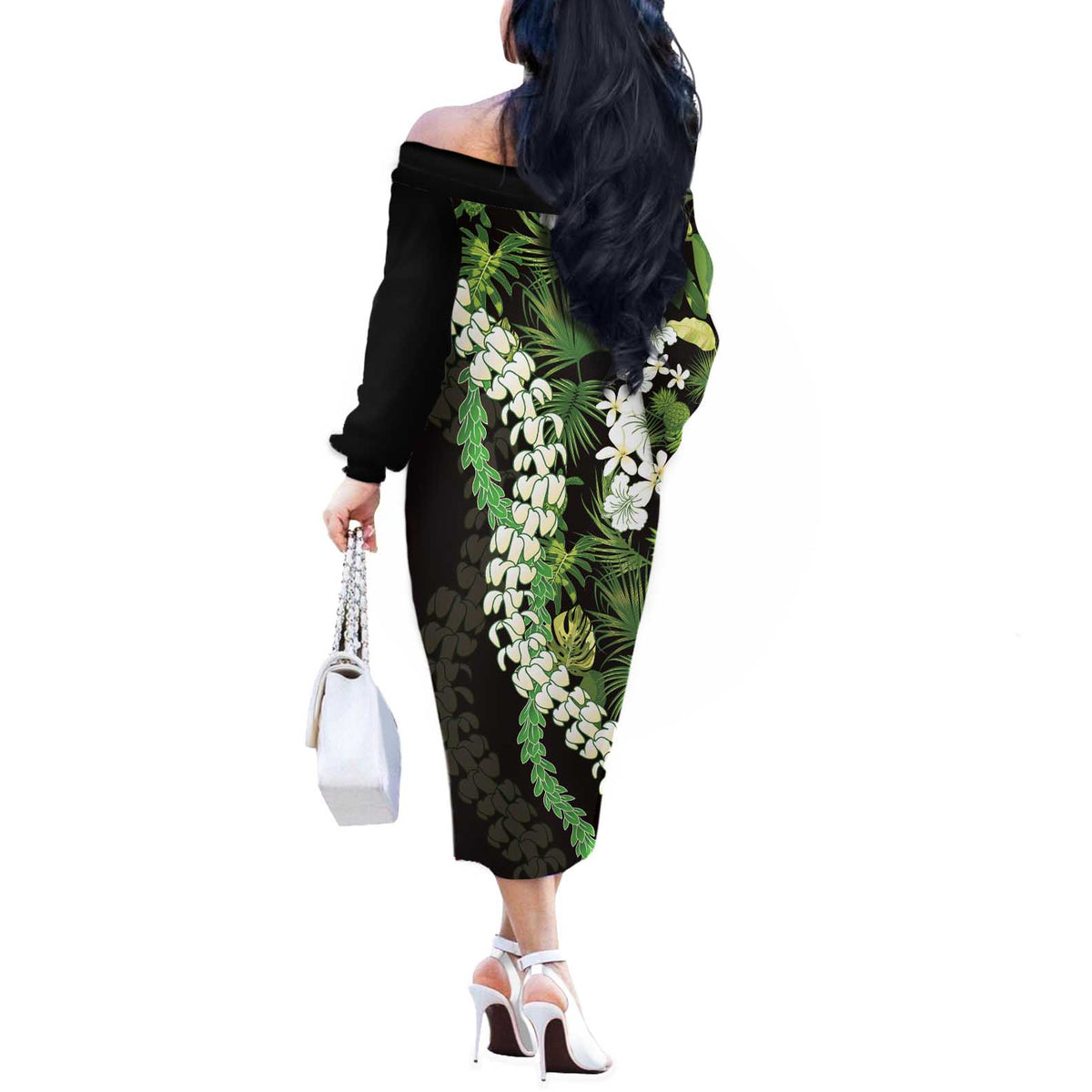 Omaomao Aloha Hawaii Lei Off The Shoulder Long Sleeve Dress Tropical Flowers Elegant Vibe LT14 - Polynesian Pride
