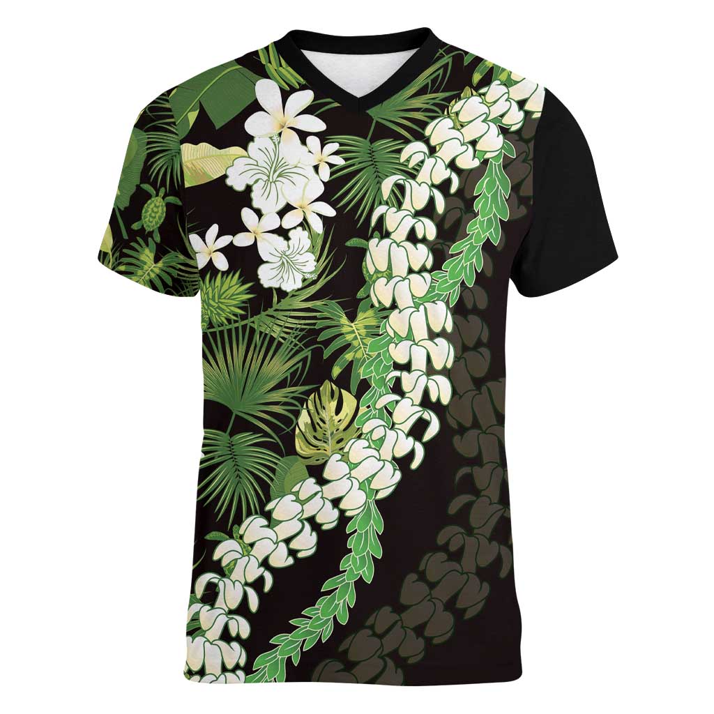 Omaomao Aloha Hawaii Lei Women V-Neck T-Shirt Tropical Flowers Elegant Vibe LT14 Female Green - Polynesian Pride