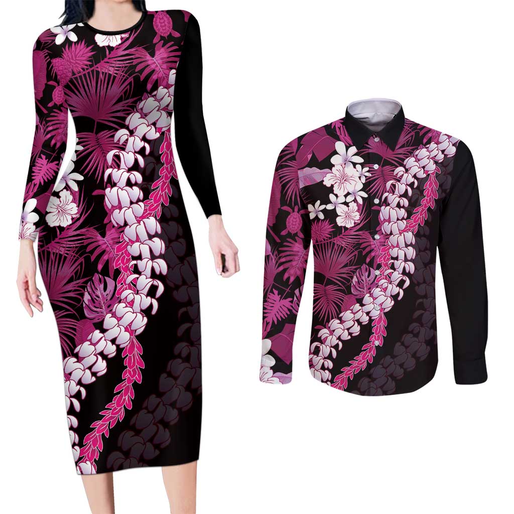 Akala Aloha Hawaii Lei Couples Matching Long Sleeve Bodycon Dress and Long Sleeve Button Shirt Tropical Flowers Elegant Vibe LT14 Pink - Polynesian Pride