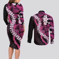Akala Aloha Hawaii Lei Couples Matching Long Sleeve Bodycon Dress and Long Sleeve Button Shirt Tropical Flowers Elegant Vibe LT14 - Polynesian Pride