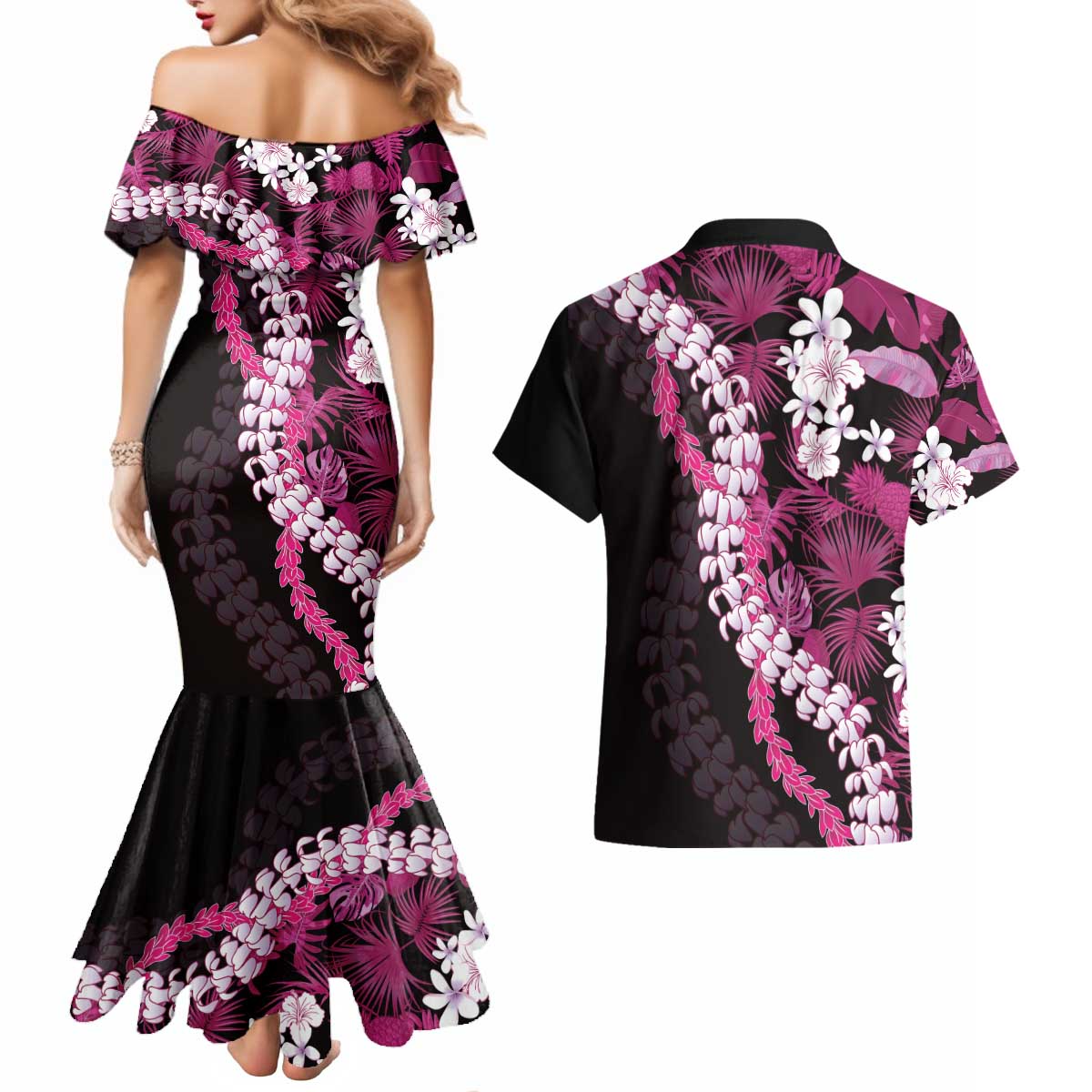 Akala Aloha Hawaii Lei Couples Matching Mermaid Dress and Hawaiian Shirt Tropical Flowers Elegant Vibe LT14 - Polynesian Pride