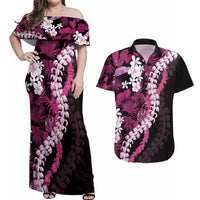 Akala Aloha Hawaii Lei Couples Matching Off Shoulder Maxi Dress and Hawaiian Shirt Tropical Flowers Elegant Vibe LT14 Pink - Polynesian Pride