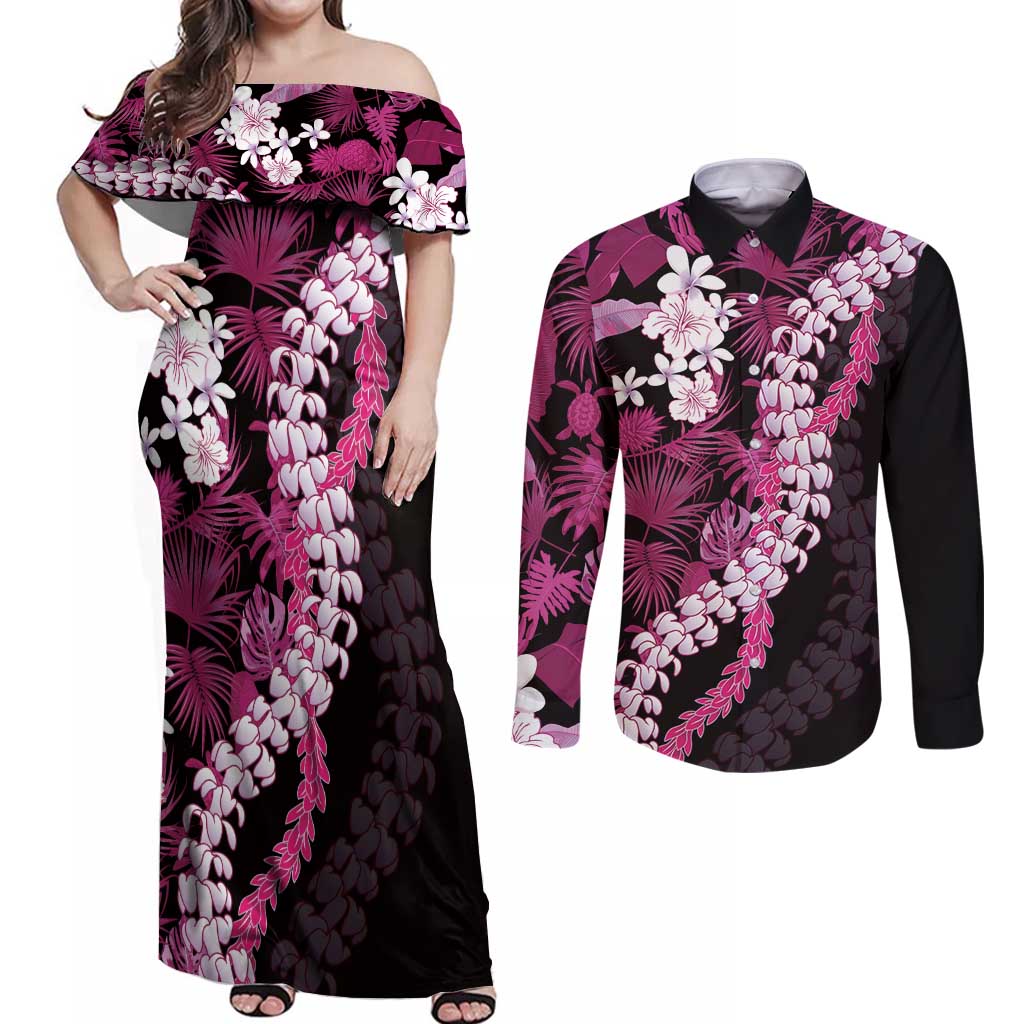Akala Aloha Hawaii Lei Couples Matching Off Shoulder Maxi Dress and Long Sleeve Button Shirt Tropical Flowers Elegant Vibe LT14 Pink - Polynesian Pride